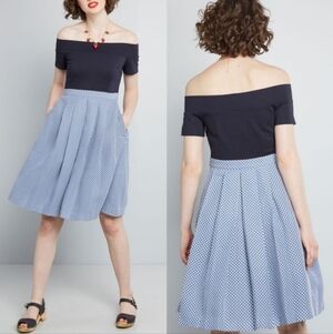 Off shoulder navy and white Modcloth dress
